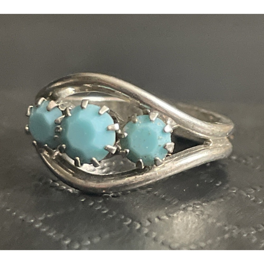 Vintage Lucite Statement Ring Adjustable Silver Tone Blue Prong Rhinestone NOS